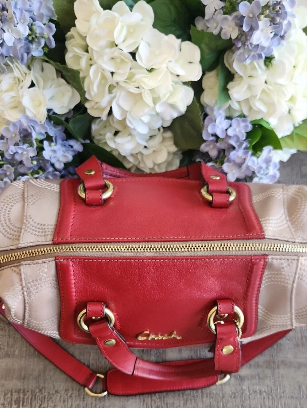 Coach Red & Beige Signature Satchel. Perfect Fall And Winter Bag!